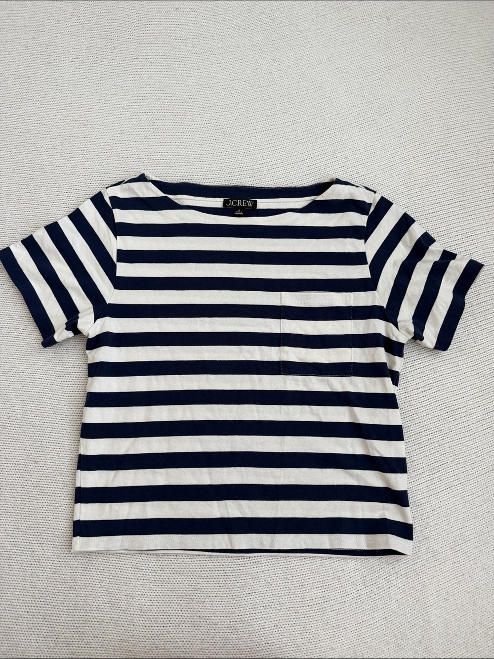 J Crew 100% Cotton Short Sleeve Boatneck Shirt Blue/White Stripes Size Medium